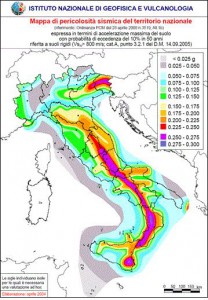 Figura 1 – Mappa di pericolosità sismica del territorio nazionale, espressa in termini di accelerazione massima del suolo (PGA) con probabilità di eccedenza del 10% in 50 anni (Ordinanza PCM 3519 del 28/04/2006 - Criteri generali per l'individuazione delle zone sismiche e per la formazione e l'aggiornamento degli elenchi delle medesime zone pubblicata sulla G.U. n. 108 del 11/05/2006)