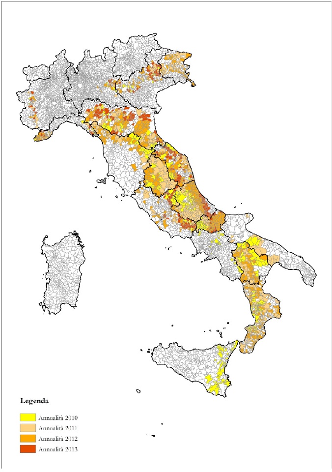 Fig.1: distribuzione dei territori oggetto degli studi di MS distinti per annualità ( DA statistiche commmisione MS dic.. 2015)