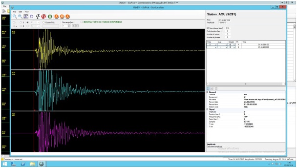 Sismogramma del terremoto di magnitudo M6.0 delle 03:36 del 24 agosto registrato alla stazione sismica AQU (L’Aquila) della Rete Sismica Nazionale dell’INGV.