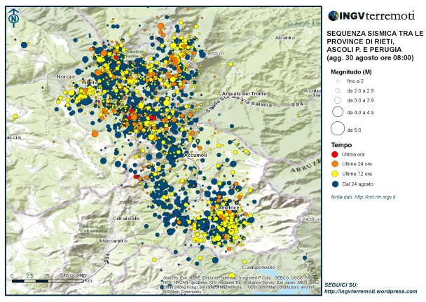 La mappa della sequenza sismica aggiornata al 30 agosto alle ore 08:00