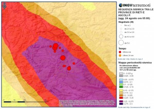 Mappa della pericolosità sismica con gli eventi della sequenza in corso sovrapposti. (da INGV)