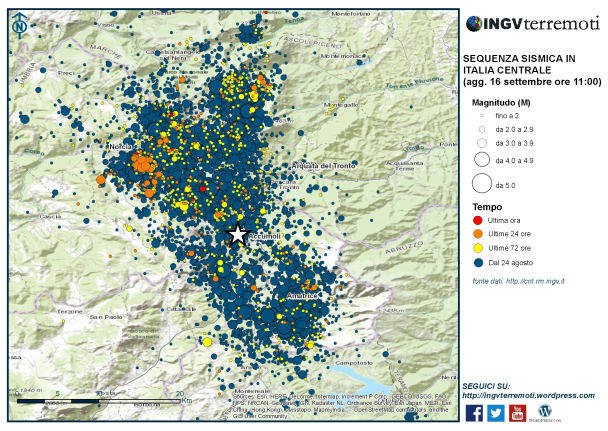 La mappa della sequenza sismica in Italia centrale aggiornata alle ore 11:00 del 16 settembre.
