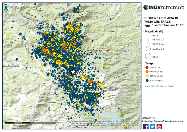 La mappa della sequenza sismica in Italia centrale aggiornata al giorno 8 settembre alle ore 11:00.