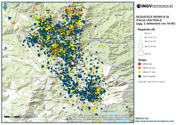 La mappa della sequenza sismica in Italia centrale aggiornata alle ore 19:00 del 2 settembre.