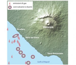 Fig.2 Carta schematica delle emissioni gassose e dei centri eruttivi scoperti nel corso della campagna oceanografica SAFE2014.