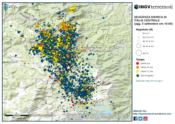 La mappa della sequenza sismica in Italia centrale aggiornata alle ore 10 del 5 settembre.