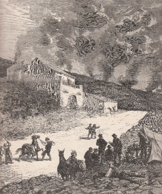La Casa Cimino a Passopisciaro e la colata lavica diretta a valle (dalla copertina de L’Illustration, Parigi, 21 giugno 1879). 