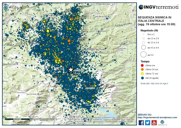 La mappa della sequenza sismica dal 24 agosto 2016 al 19 ottobre 2016 (ore 15.00).