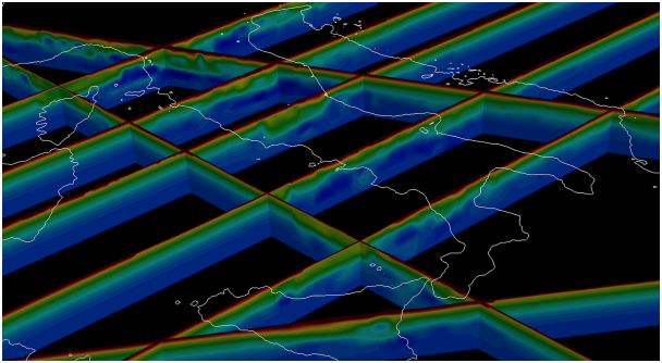 La tomografia sismica è un metodo usato per lo studio dell’interno della terra in cui determinare la velocità delle onde sismiche attraverso l’analisi dei sismogrammi. In figura alcune sezioni del modello tomografico 3D utilizzato in questa simulazione. I colori rappresentano le diverse velocità delle onde sismiche P, dal rosso (2000 m/s) nelle aree con velocità minori (bacini alluvionali) fino al blu scuro (8000 m/s) nelle aree più veloci. (Di Stefano & Ciaccio 2014)