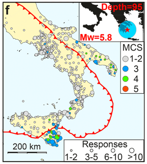 Mappa delle percezioni di un terremoto in Grecia. In rosso il confine tra la placca africana e quella europea