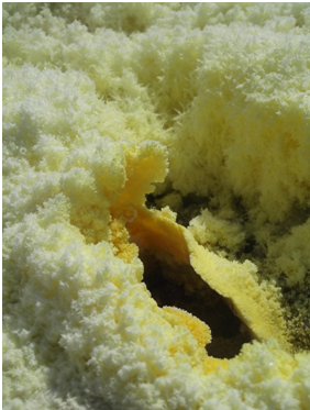 Fig.8- Particolare di una fumarola situata lungo il bordo de La Fossa con evidenti depositi gialli di zolfo (Foto di Guglielmo Manitta).
