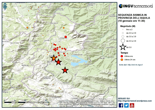 La sismicità delle ultime 24 ore nell’area della provincia dell’Aquila dove sono stati localizzati i 3 eventi di magnitudo maggiore di 5.