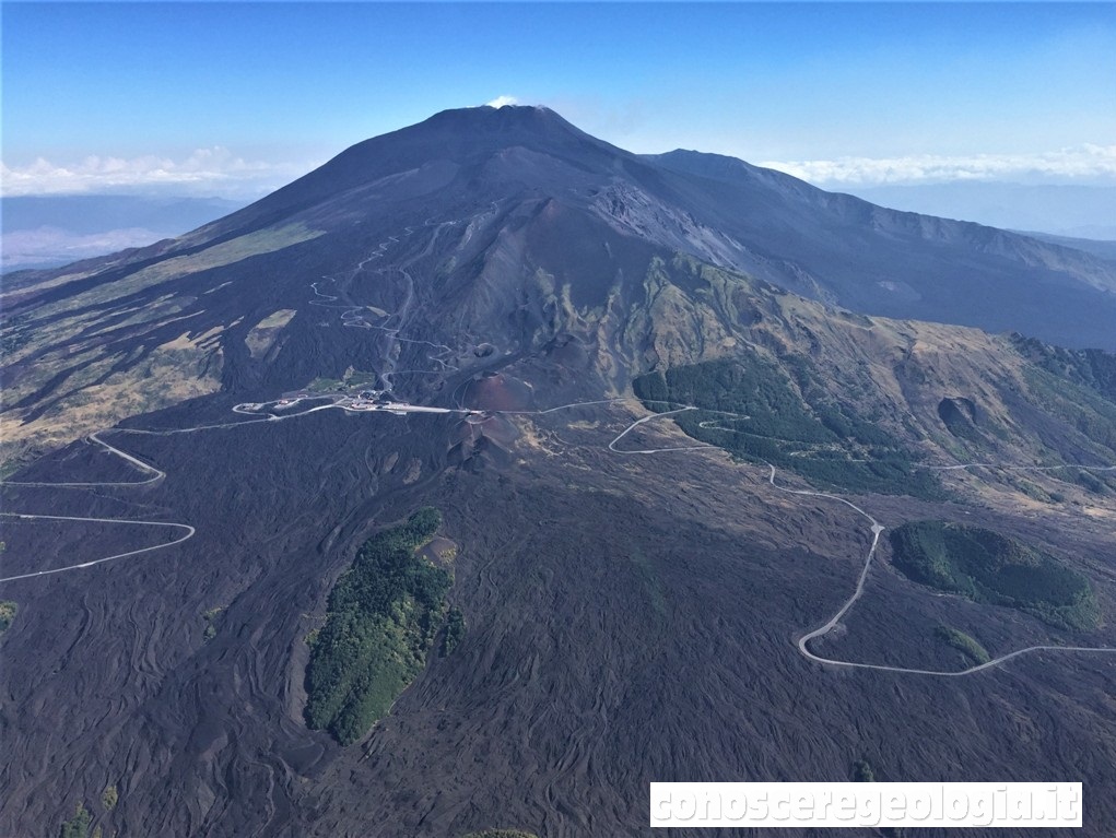 Figura 1 - Il vulcano Etna ripreso da Sud, con in primo piano il campo lavico dell'eruzione del 2001 e la strada che dal Rifugio Sapienza, al centro, porta a Zafferana Etnea, sulla destra. (Foto di Sonia Calvari)