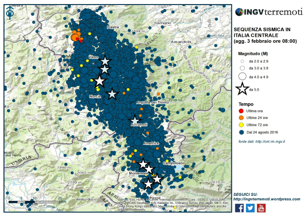 La mappa della sequenza sismica in Italia Centrale dal 24 agosto 2016 al 3 febbraio 2017. 