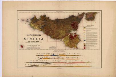 Carta geologica della Sicilia a scala 1:500.000 che riassume le informazioni contenute nei 27 fogli realizzati tra il 1877 e il 1882 a scala 1:100.000.