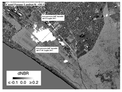 Figura 2 -  Indice di differenza di NBR calcolato utilizzando due immagini Landsat 8 -OLI una antecedente (6 luglio 2017) ed una (22 luglio 2017) successiva all’incendio del 17 e del 21 luglio. Il nero-grigio indica non cambiamento; tonalità grigio chiarissimo verso il bianco indicano il cambiamento. L’immagine evidenzia l’area interessata dai due incendi. Il perimetro è stato rilevato mediante fotointerpretazione. (Contains modified Copernicus Sentinel data [2017]; Landsat 8-OLI courtesy of the U.S. Geological Survey, Software used HARRIS-ENVI, data processing Stefania Amici-INGV)