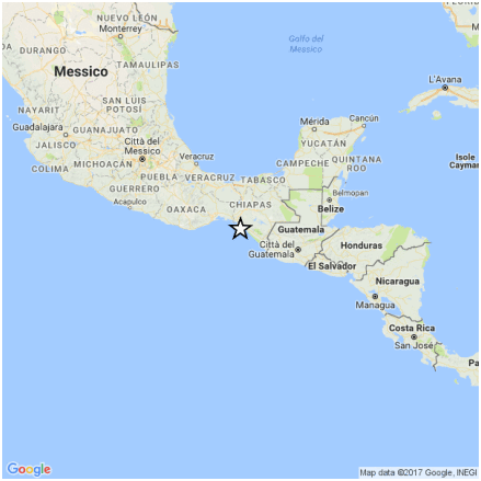 Localizzazione del terremoto di magnitudo 8.0 avvenuto questa mattina, 8 settembre 2017 alle ore 6:49 italiane, al largo delle coste pacifiche del Messico.
