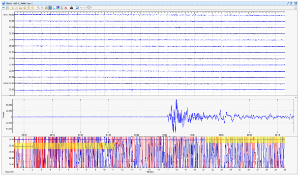 Sismogramma del terremoto di magnitudo 8.0 avvenuto questa mattina, 8 settembre 2017 alle ore 6:49 italiane, al largo delle coste pacifiche del Messico. Stazione BRMO (Bormio, SO) della Rete Sismica Nazionale.
