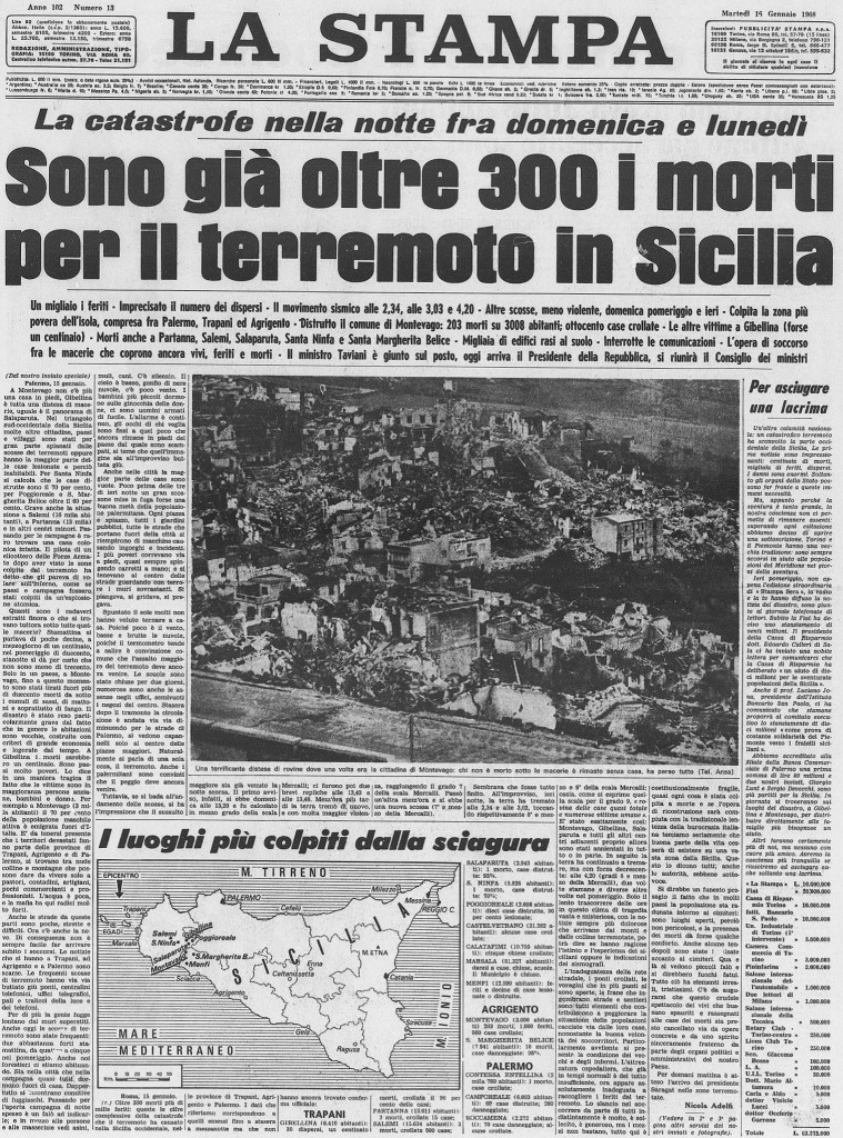 Terremoto del Belice: prima pagina de ''la stampa'' del 16 gennaio 1968