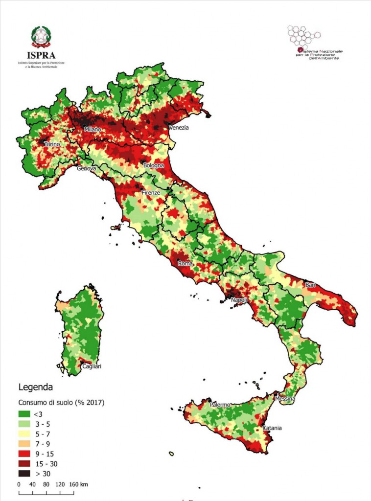 Consumo di suolo a livello comunale (% esclusi i corpi idrici-2017). (Fonte: elaborazioni ISPRA su cartografia SNPA, 2018). 