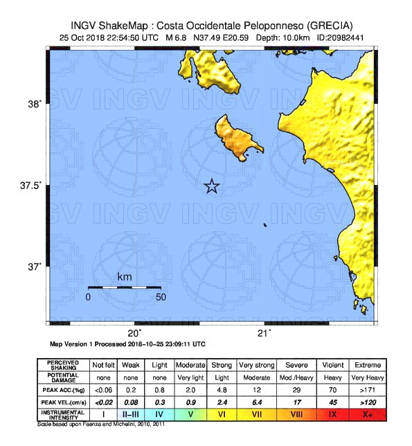 mappa scuotimento terremoto grecia 26 ottobre 2018