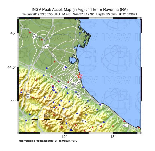 Mappa di scuotimento: accelerazione sisma del 15 gennaio 2019 - da INGV